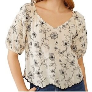 Floral Embroidered L Top Off White Brown Puff Sleeve Cottagecore Blouse